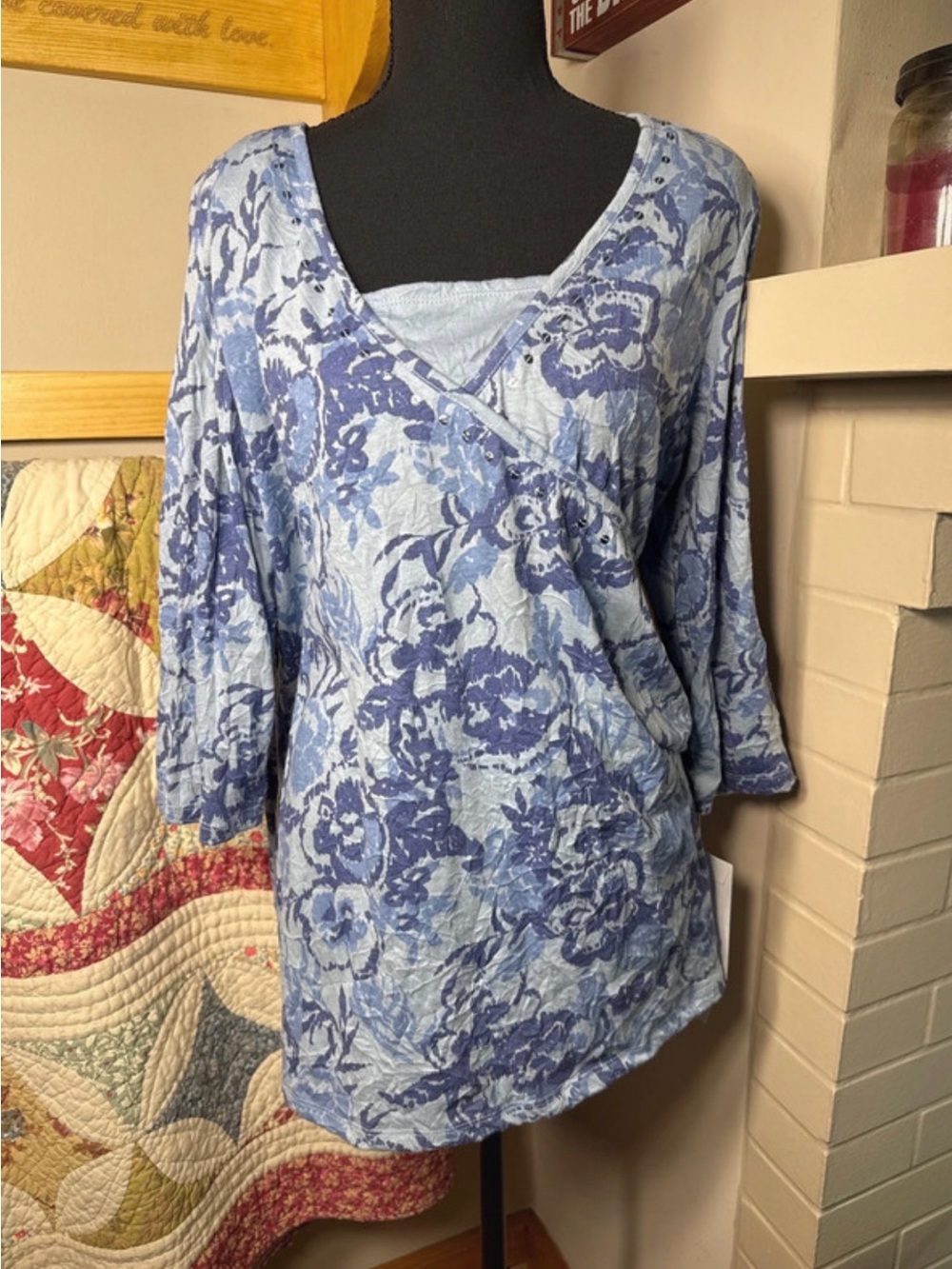 Liz Claiborne Blue Floral Wrap-Front Tunic Top